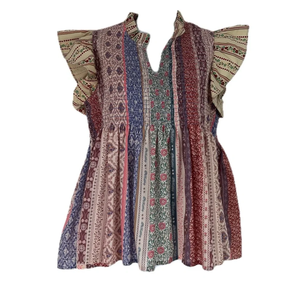 Davi & Dani Boho Patchwork Smocked Babydoll Flutter Sleeve Top Size S - Picture 8 of 9
